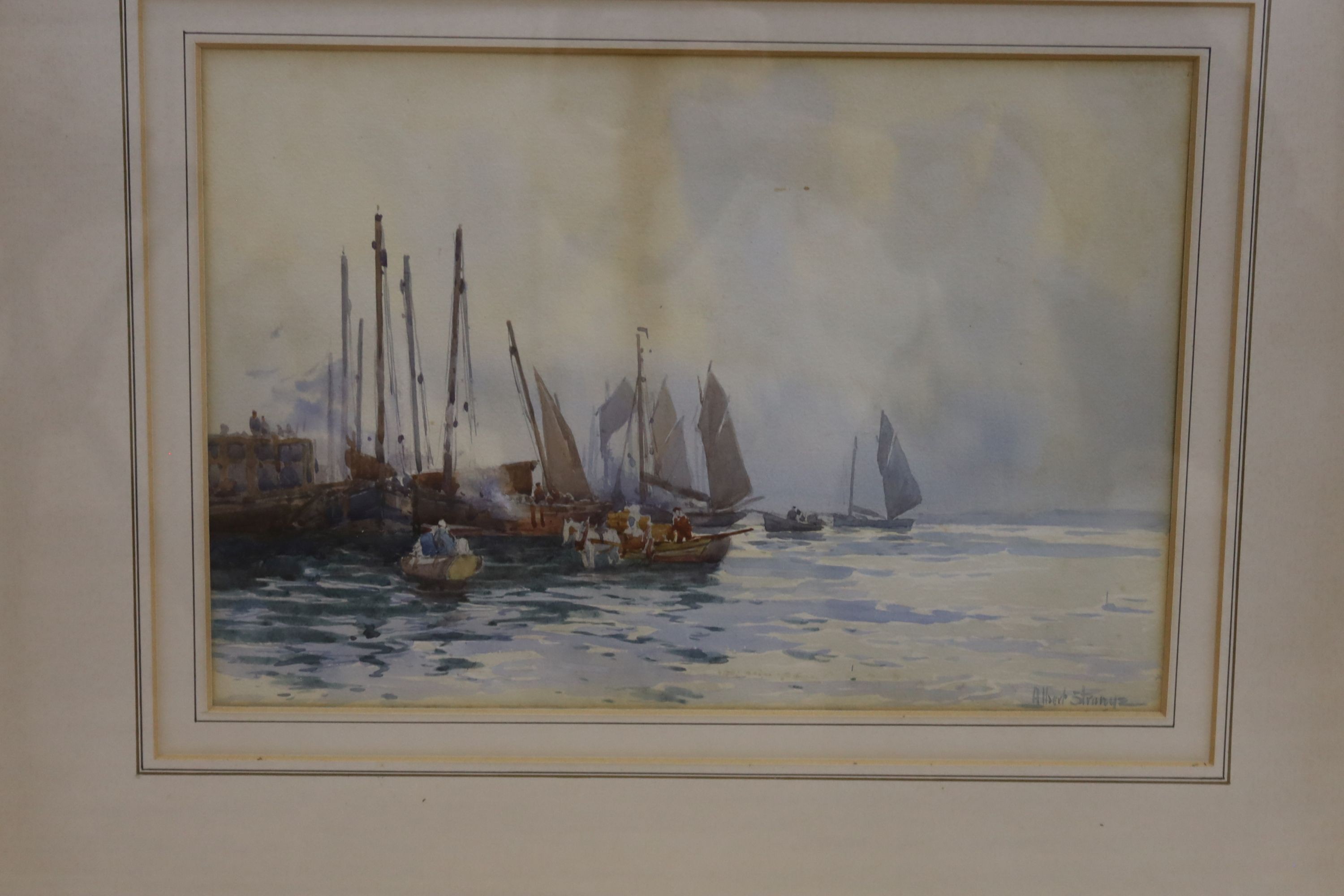 Albert Smith (b.1941), watercolour, Tower Bridge, 23 x 34cm and an Albert Strange watercolour of Fishing boats, 25 x 36cm